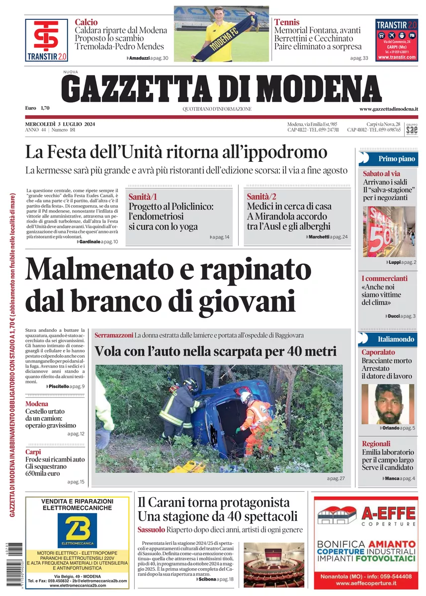 Prima-pagina-gazzetta di modena-oggi-edizione-del-2024-07-03